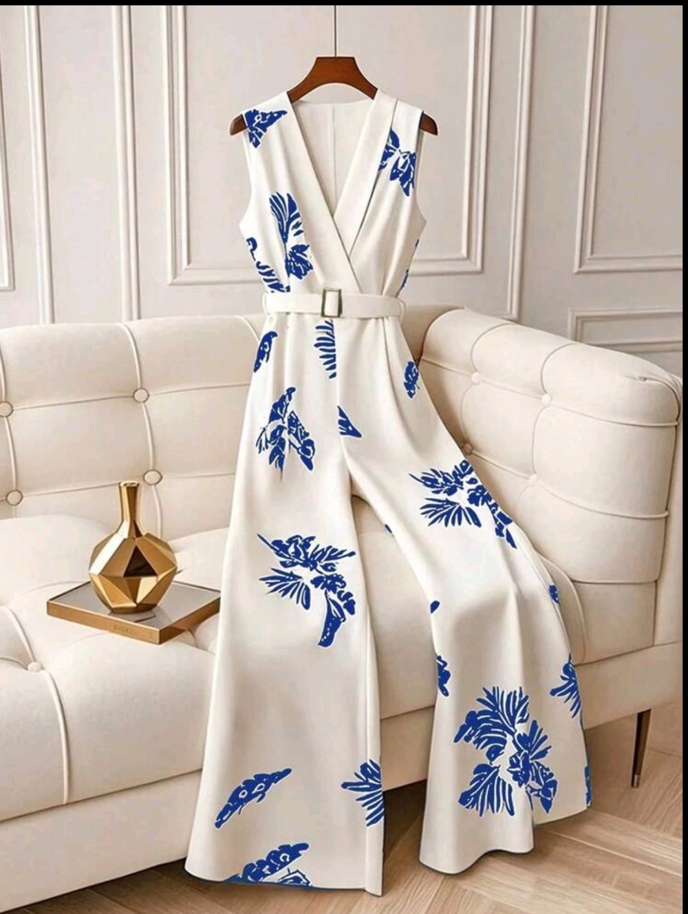 Sleeveless White Jumpsuit with Blue Floral Print